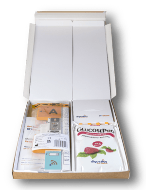 An image of the GTT@home test kit sent to patients for remote GDM testing.