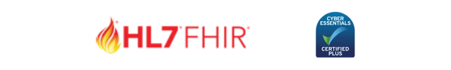 An image of the HL7 FHIR logo and Cyber Essentials Plus certification logo.