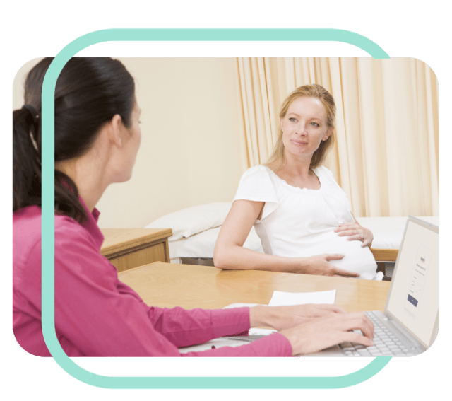An image of a healthcare professional accessing the Digostics Portal while talking to a mum-to-be.  
