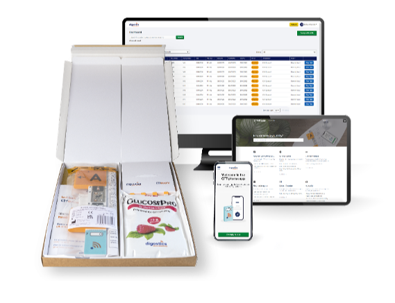 An image of the GTT@home solution-as-a-service test kits, mobile application and test scheduling and review software.